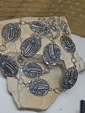 Turquoise Accent Silver-Tone Oval Link Belt